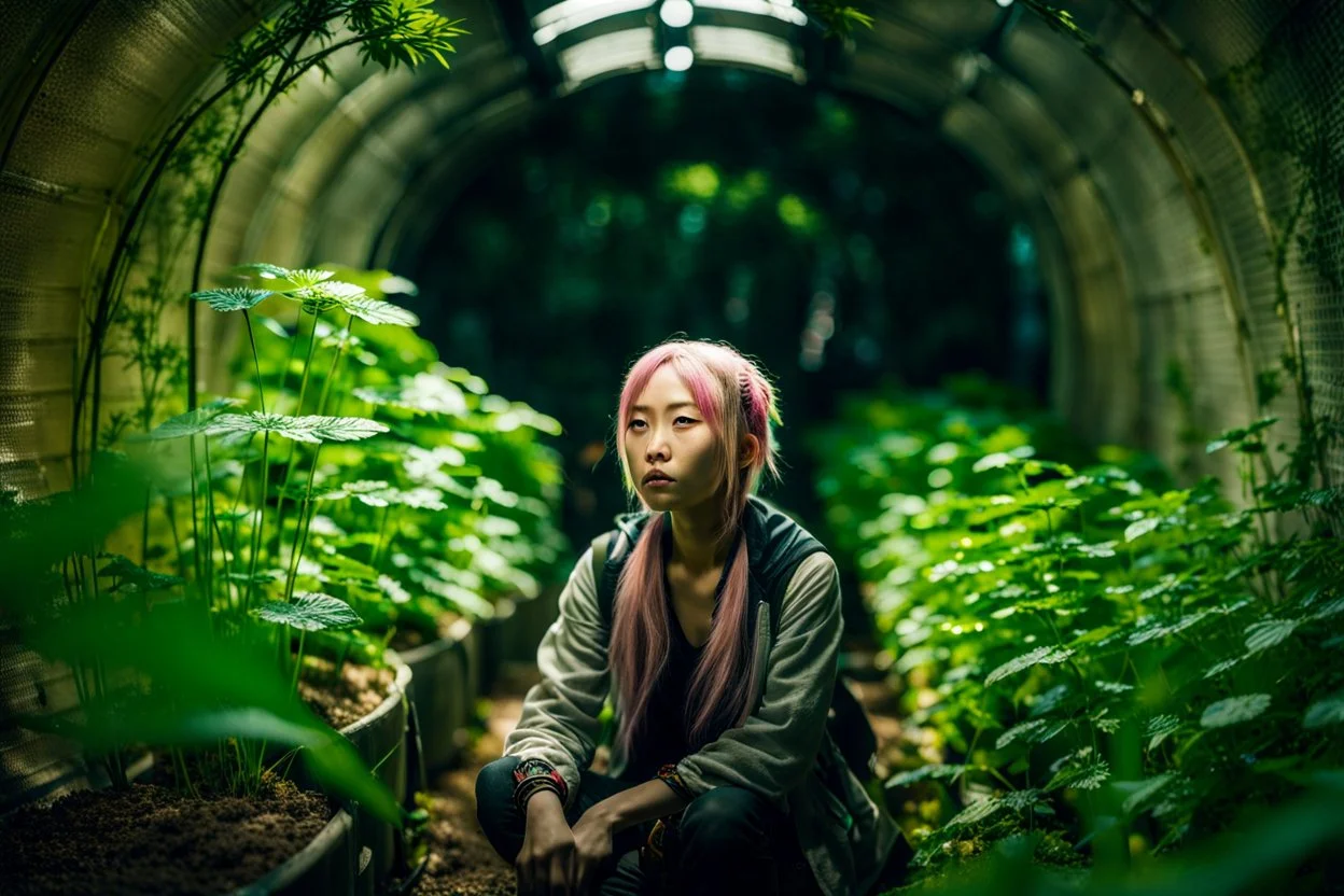 Unground underpunk and solarpunk tunnels, cinematic, extreme dof, dystopian, sci-fi, award-winning, Yui working hard in a garden, National Geographic, breath taking, oxygen farm but outside is a desert, fantasy, magical, geometry