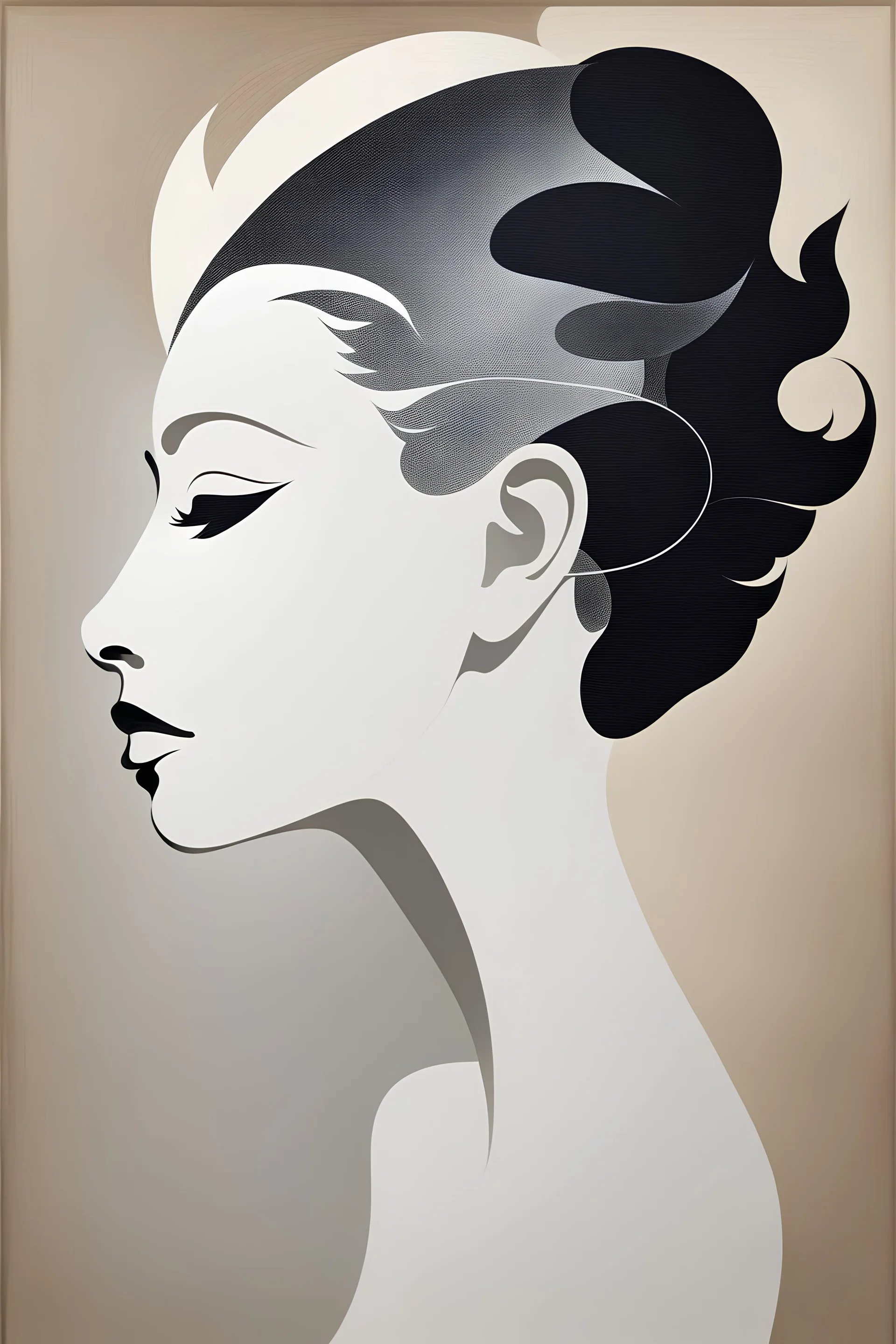 Masterpiece, full head in image, woman, Abstract, left side silhouette, In the style of jean cocteau, Masterpiece