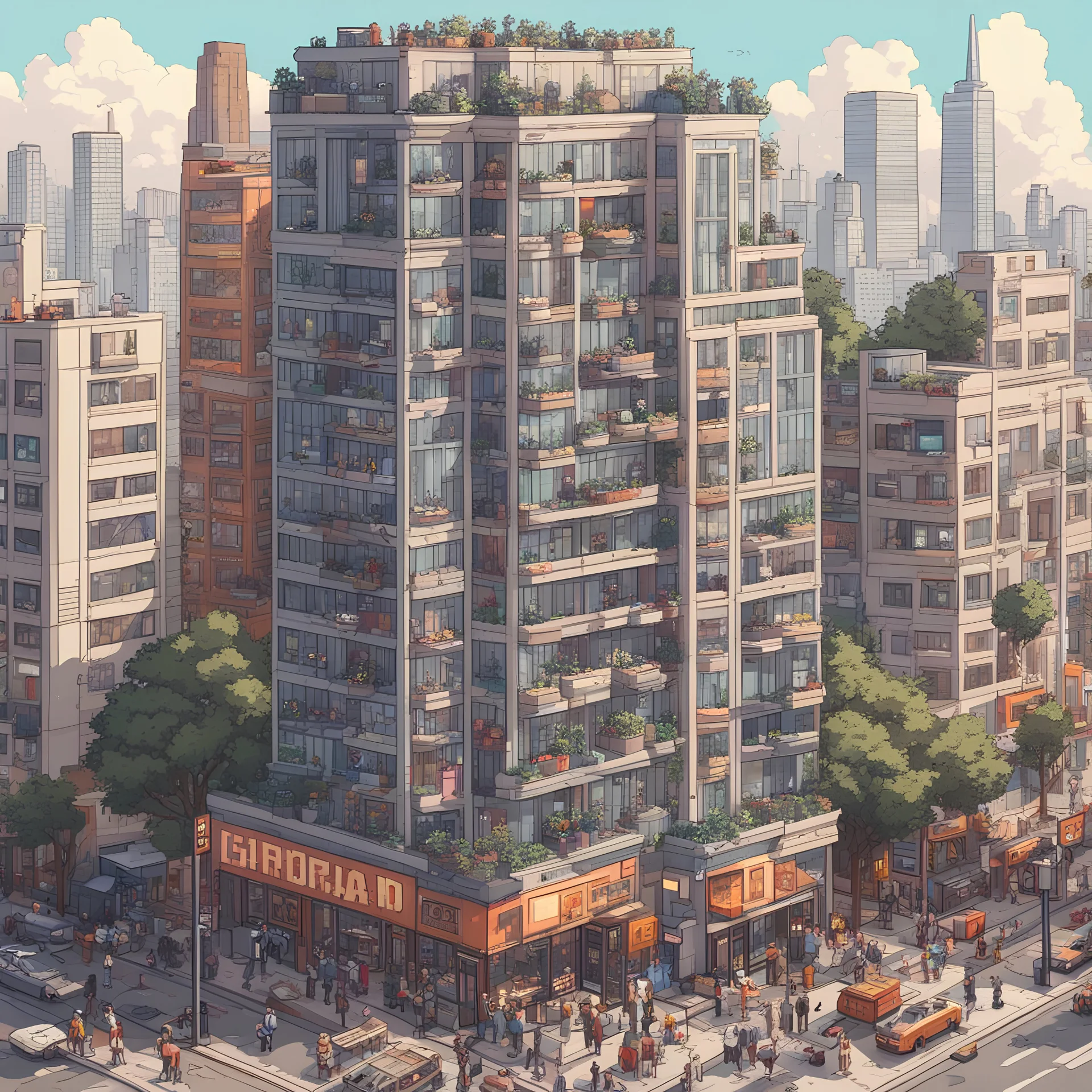 Detailed pixel art illustration of a high-rise building in San Francisco, eBoy studio, pixorama style, detailed coloring, detailed, lots of people, sunny day, busy neighborhood, building with glass facade, behind the glass detailed apartments, interesting to look at the activity of pixel people