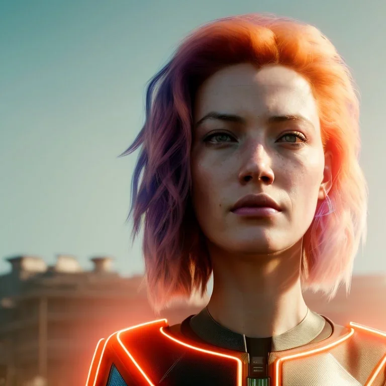 A beautiful portrait of a cyberpunk woman with lot's of grain on her skin red head with hair flying in the wind cyborg smiling facing camera orange color scheme, high key lighting, volumetric light high details with white stripes and feathers unreal 5, octane render, cinema4d, dynamic lighting, dramatic lighting, 4k, redshift render, highly detailed, hyper realistic