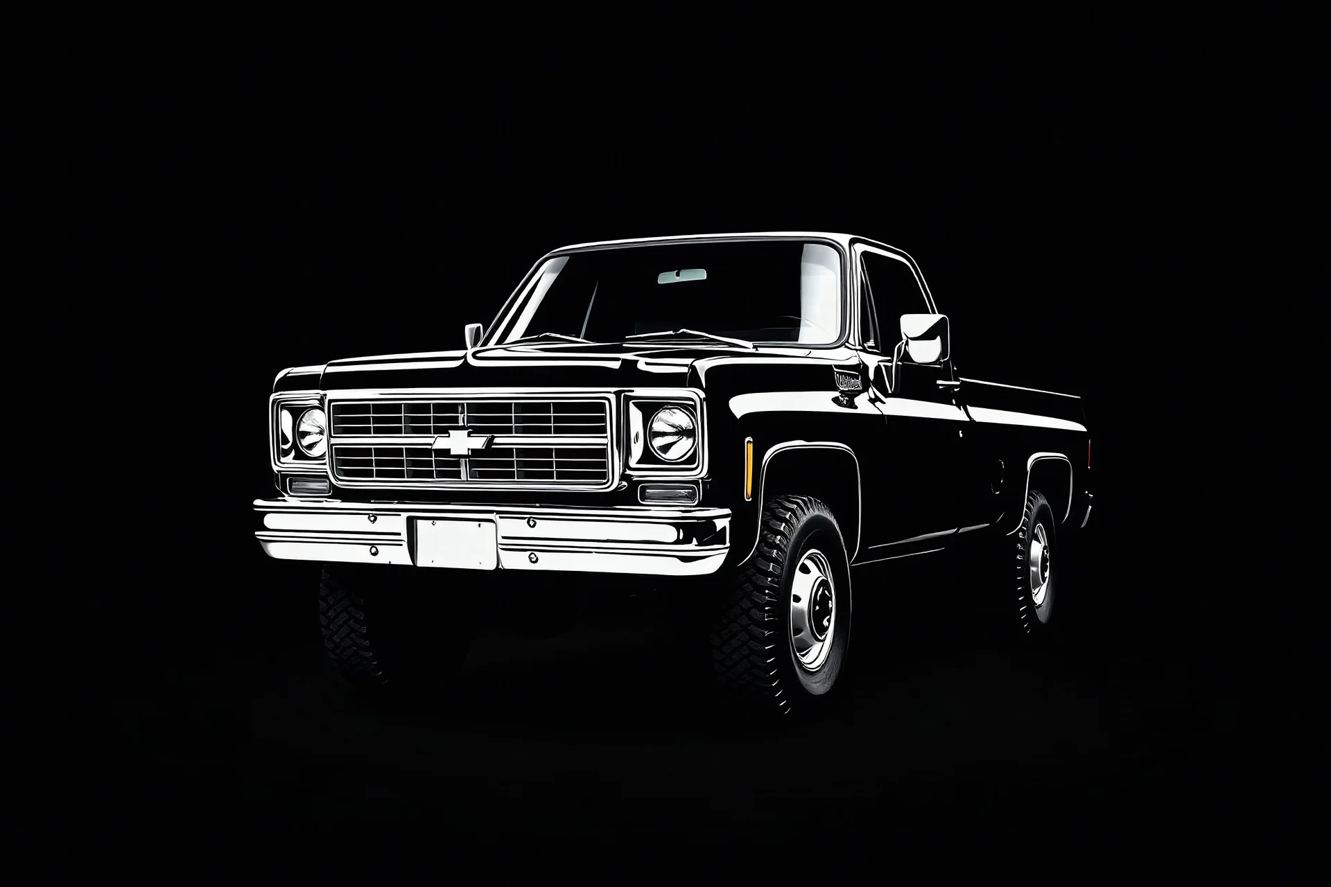 1970s Chevrolet square body truck facing a little to the left, black background, high contrast black and white vector