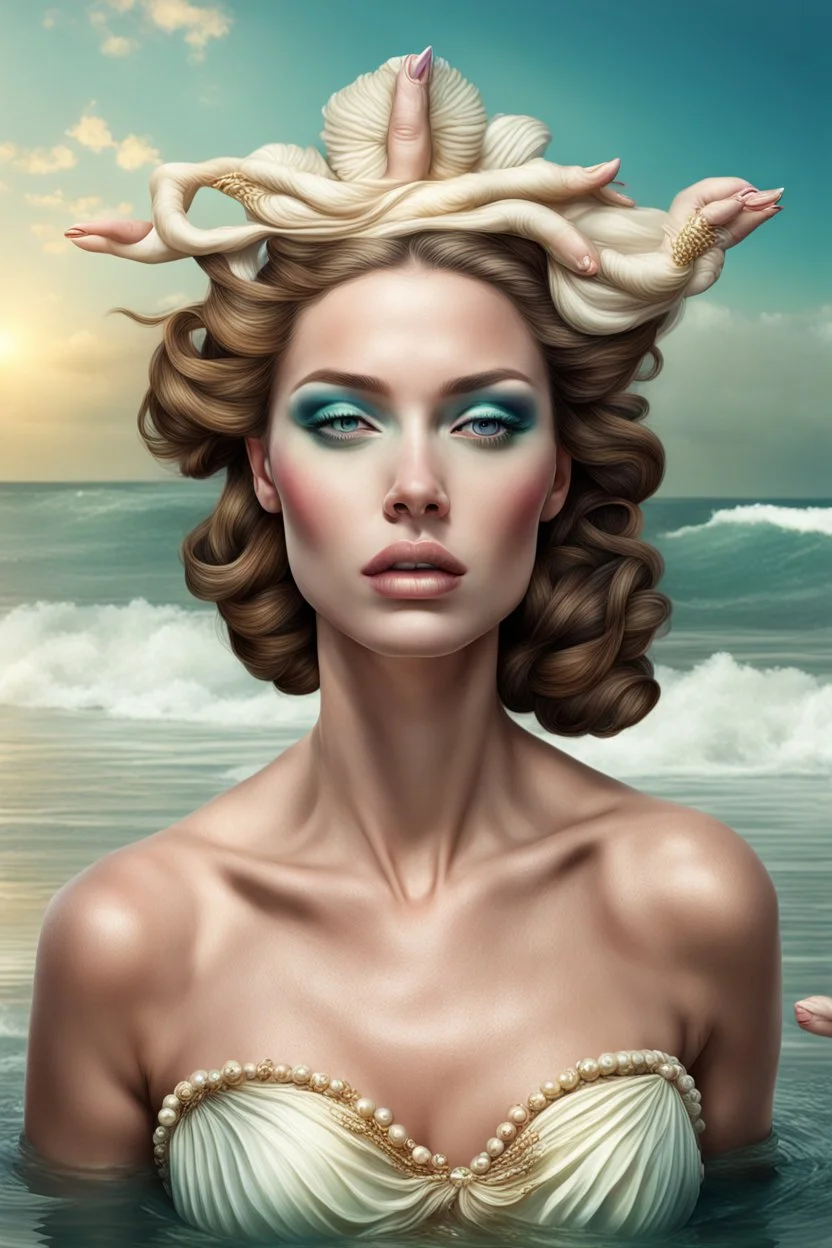 a striking digital image of woman on a shore, Botox lips, too much makeup, fake beauty , ultra realistic and detailed, they look at jealously at the central figure which is the birth of Venus image