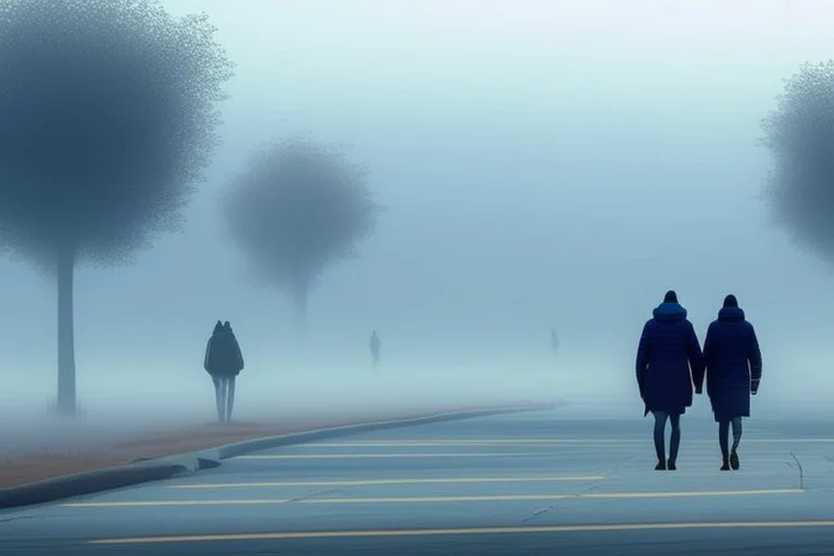 two people without gender seen from behind walking side by side in an empty foggy plain, above there is blue sky