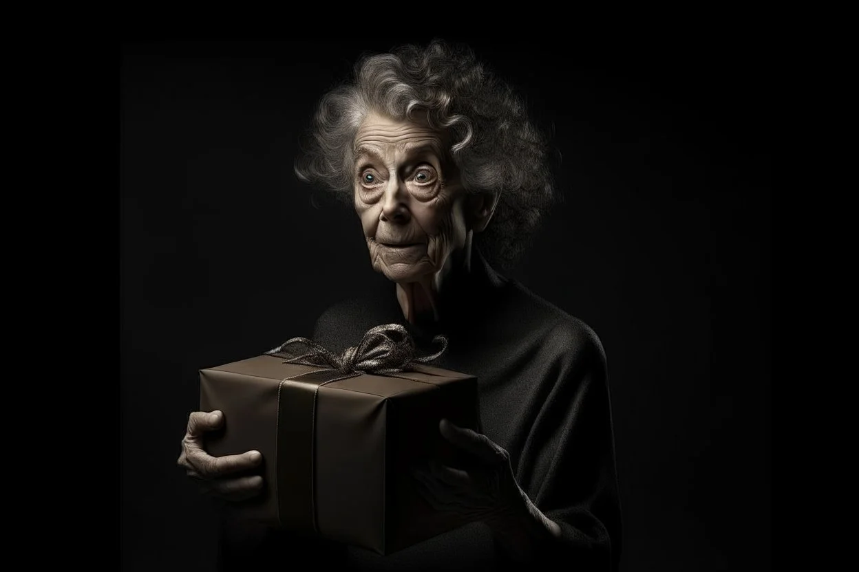 Generate an 8K UHD image of a 65-year-old skinny, curly-haired lady eagerly unwrapping a massive gift. Delicate hands embrace the present, her right hand holding a large, shiny piece of coal. Her face, a masterpiece of contradictions—wrinkled forehead and squinted eyes betray trapped desperation, while her wide-open mouth emits a scream of rage so intense that saliva flies. Capture the collision of emotions, depicting the woman on the brink of joy and desperation as she confronts the culmination