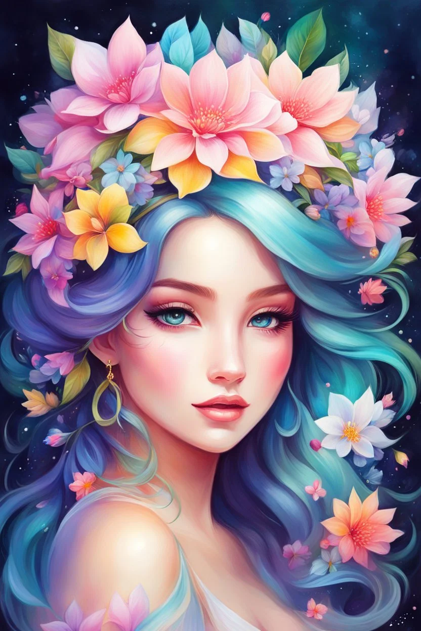 a painting of a woman with flowers in her hair, rossdraws pastel vibrant, beautiful fantasy art portrait, by Jeremiah Ketner, beautiful fantasy portrait, girl in flowers, woman in flowers, beautiful anime portrait, inspired by Anna Dittmann, colorful watercolor painting, watercolor detailed art, vibrant watercolor painting, exquisite digital illustration, by Anna Dittmann, stunning anime face portrait