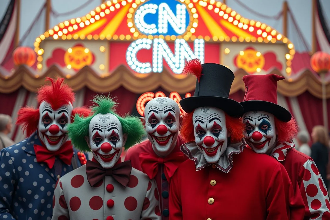 a group of clowns in front of the circus with a CNN logo