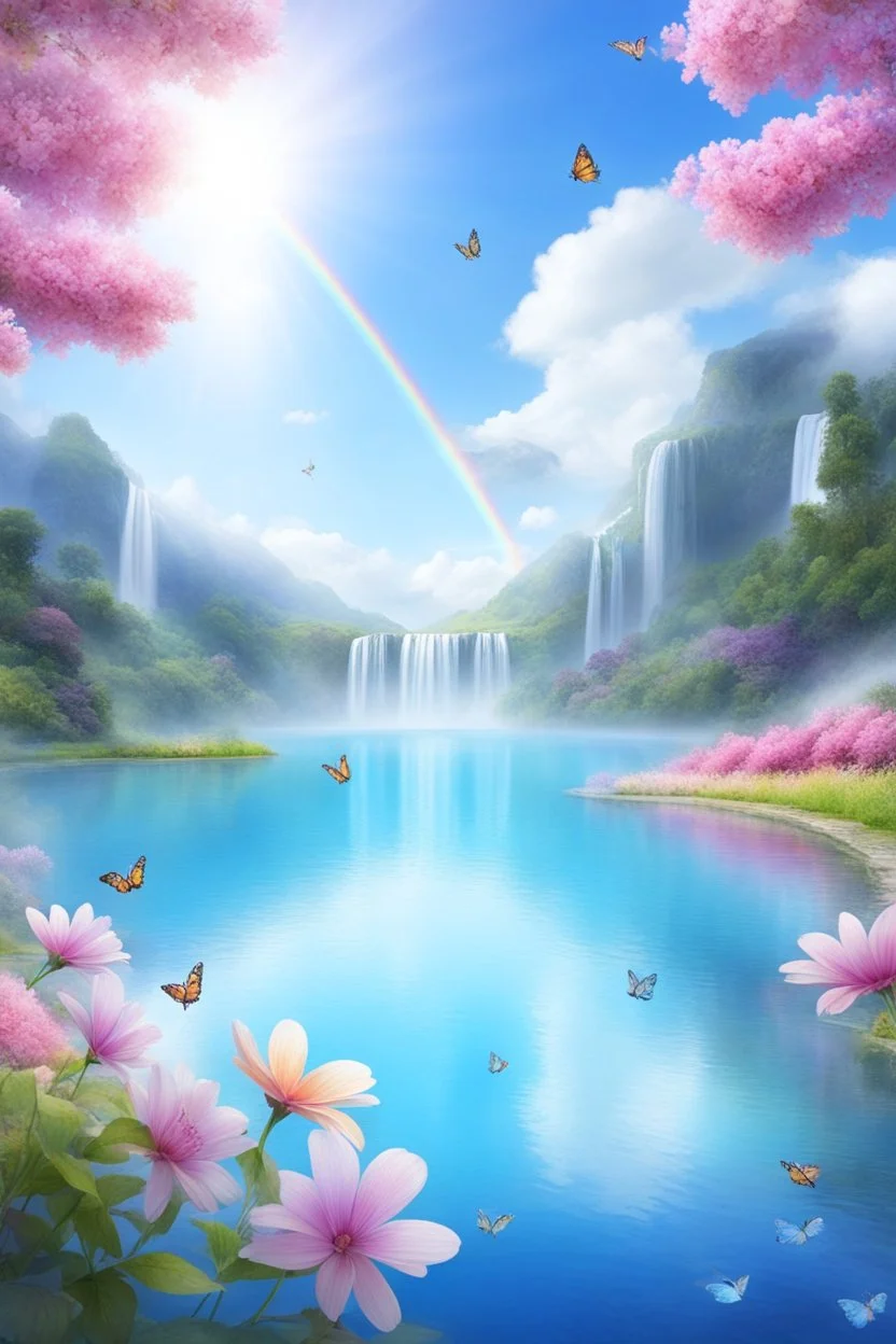 fantastic,Beautiful garden, flowers,rainbows, cascades arc en ciel, papillons colorés
