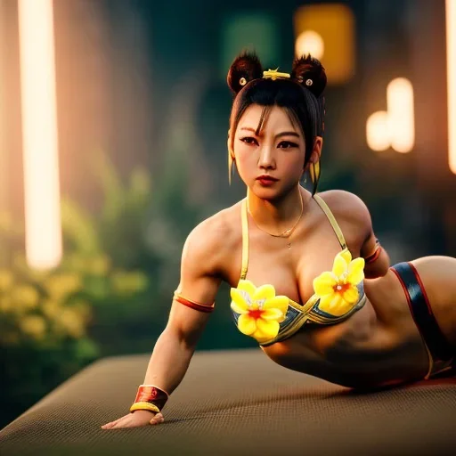 Chun-li underwear with yellow flowers for hair, closed eyes, rtx, reflection, 8k, glow, winning photography, caustics