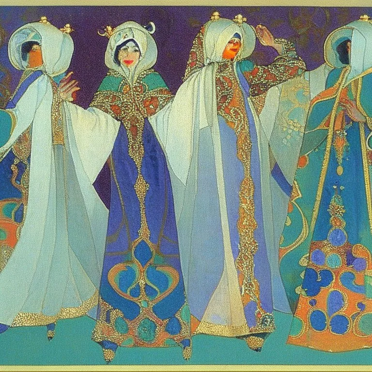 Odalisques in magnificent robes from 'Thousand and One Nights' by artist "Vittorio Zecchin"