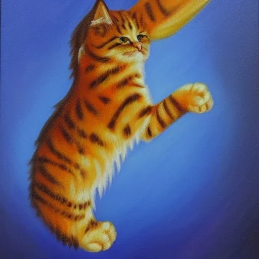 A flying cat with wings oil painting.