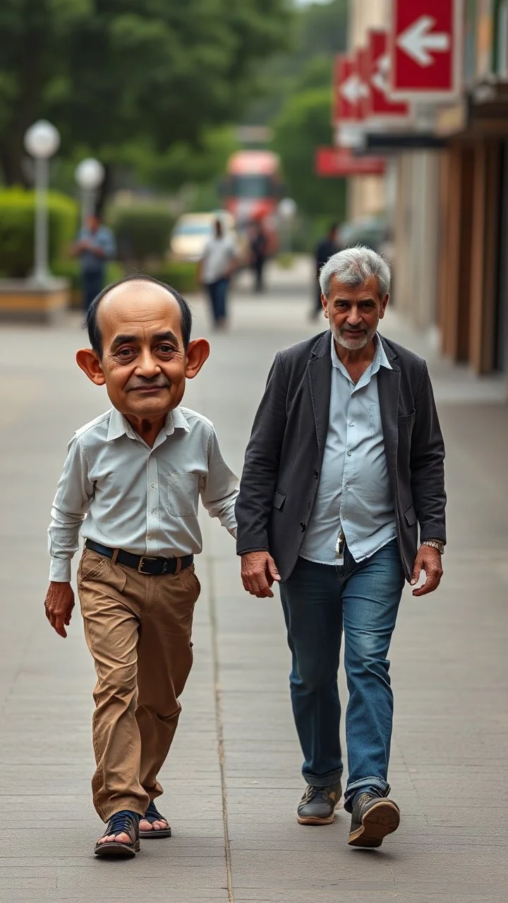 A man with very big head and small body walking with a man with small head but big body hand in hand