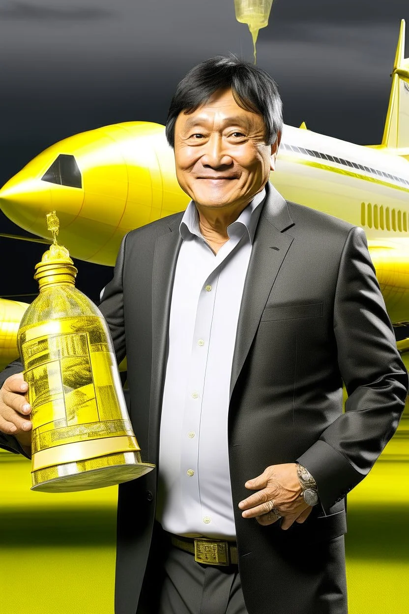 helicopters dropping dollar bills Robert Kiyosaki standingnext to giant golden milk bottle that say milk on STYLE OF HIROKU OGAI