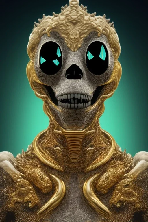 black male African alien, cracks in the voodoo head, wicked, diamond eyes, crown, blood, 8k, finely detailed, photo realistic, leopard style turquoise skull head gold dragon space alien rain skeleton gold teeth silver crown silver space suit spaceships