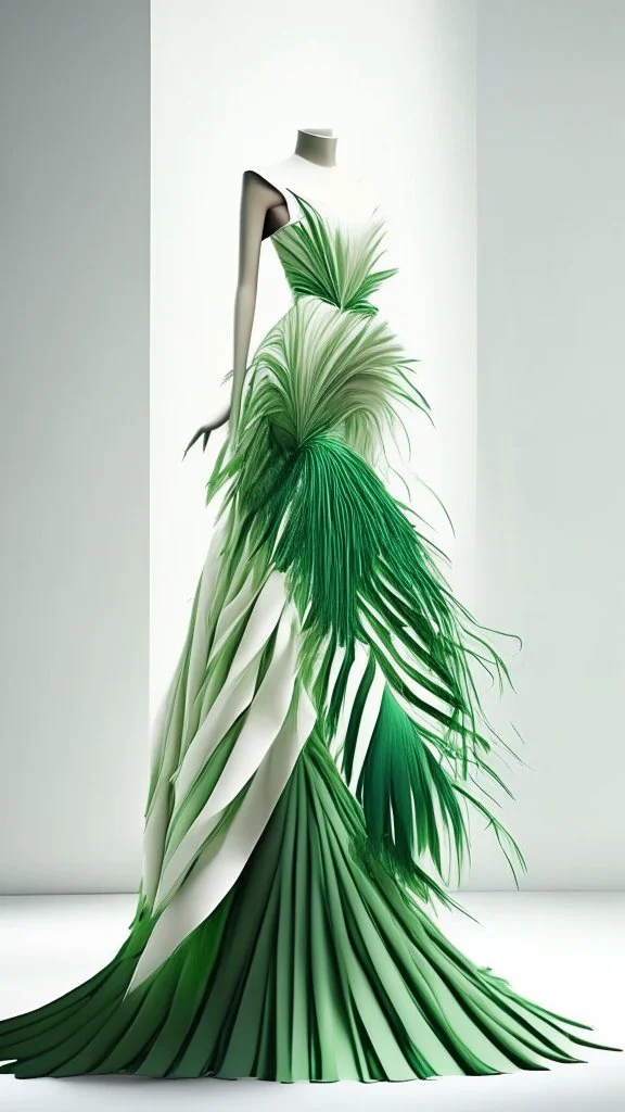 1mannequin, pageant dress, dress inspired by fan palm, pan palm, beautiful, flowing, green, elegant, full body frame, full body, hd, ultra realistic, dress displayed in the mannequin, white background, aesthetic, pastel color, flowing