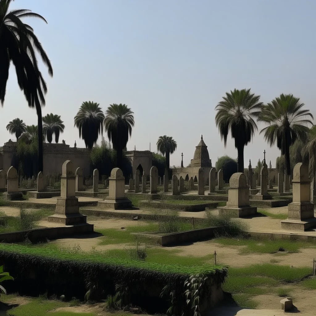 مقبرة قديمة قبورها مستطيلة ليست مرتفعة خلف مسجد بها بعض النخيل والتين الشوكي