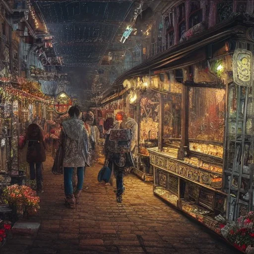 Insanely detailed photograph of an “artitcture plans of a city market on mainstreet” with intricate lights, intricate embroidered band, hyperdetailed painting by Ismail Inceoglu Huang Guangjian and Dan Witz CGSociety ZBrush Central fantasy art album cover art,8K, hdr, romantic, mysterious, ominous, flowers, jewelry, steam,oil,cafe,street vendor,steamship,D&D