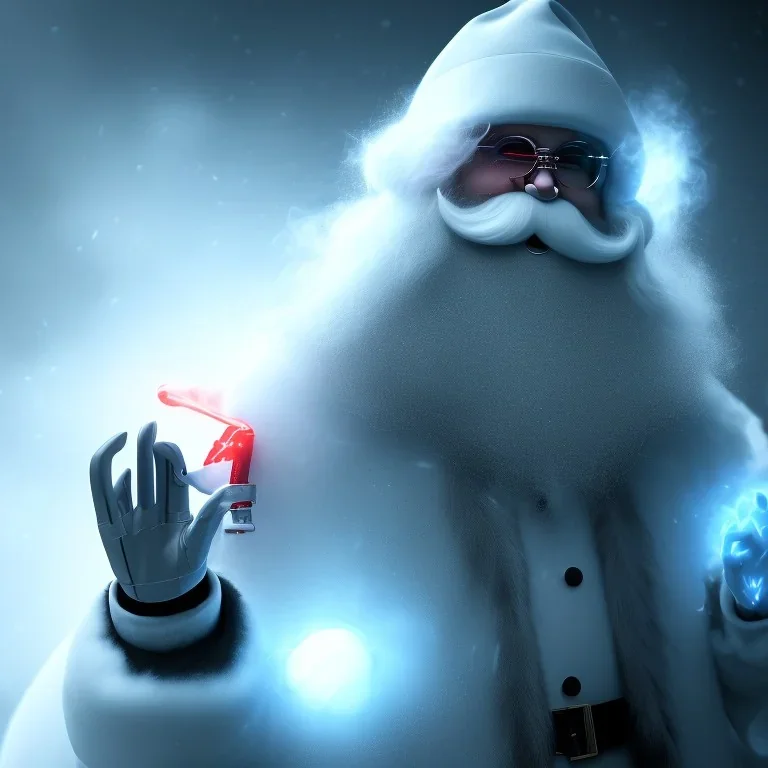 All Black Santa, ghost, wearing high tech mask, white smoke, dark, rage, high definition, ultra 8 k, volumetric lighting, blue fire, fog red rain