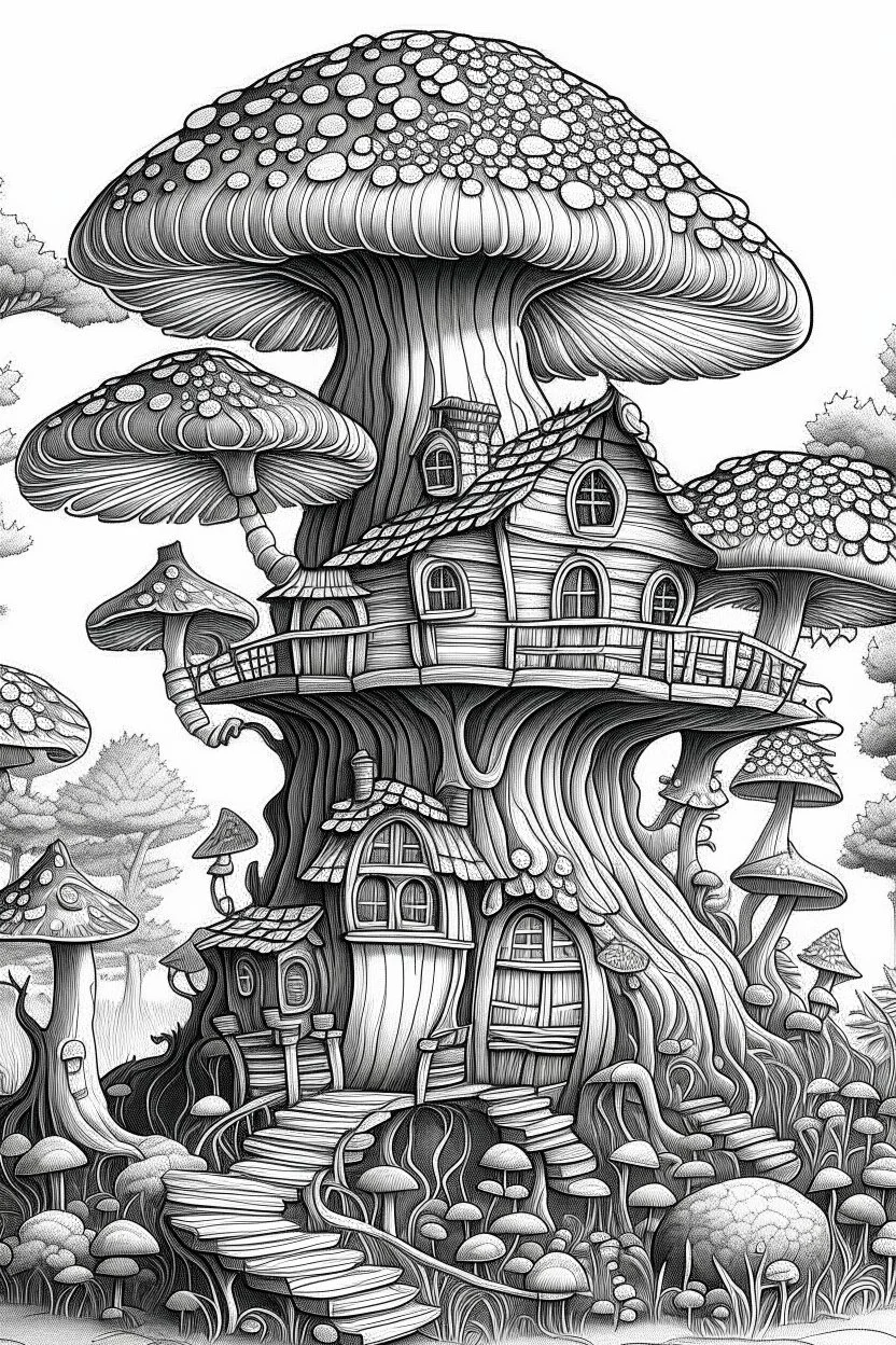 mushroom tree house in the forest Coloring Book for Adults and Kids, Instant Download, Grayscale Coloring Book