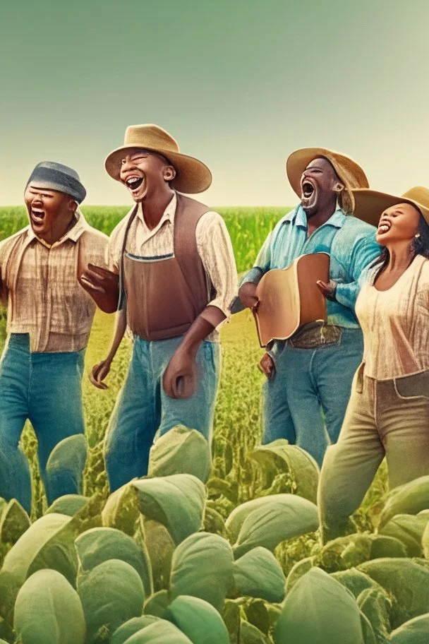 a diverse racial group of farmers singing in the farming field