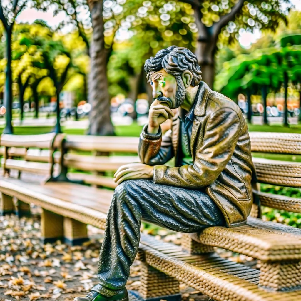 A figure of a man thinking about complex issues sitting on a park bench.