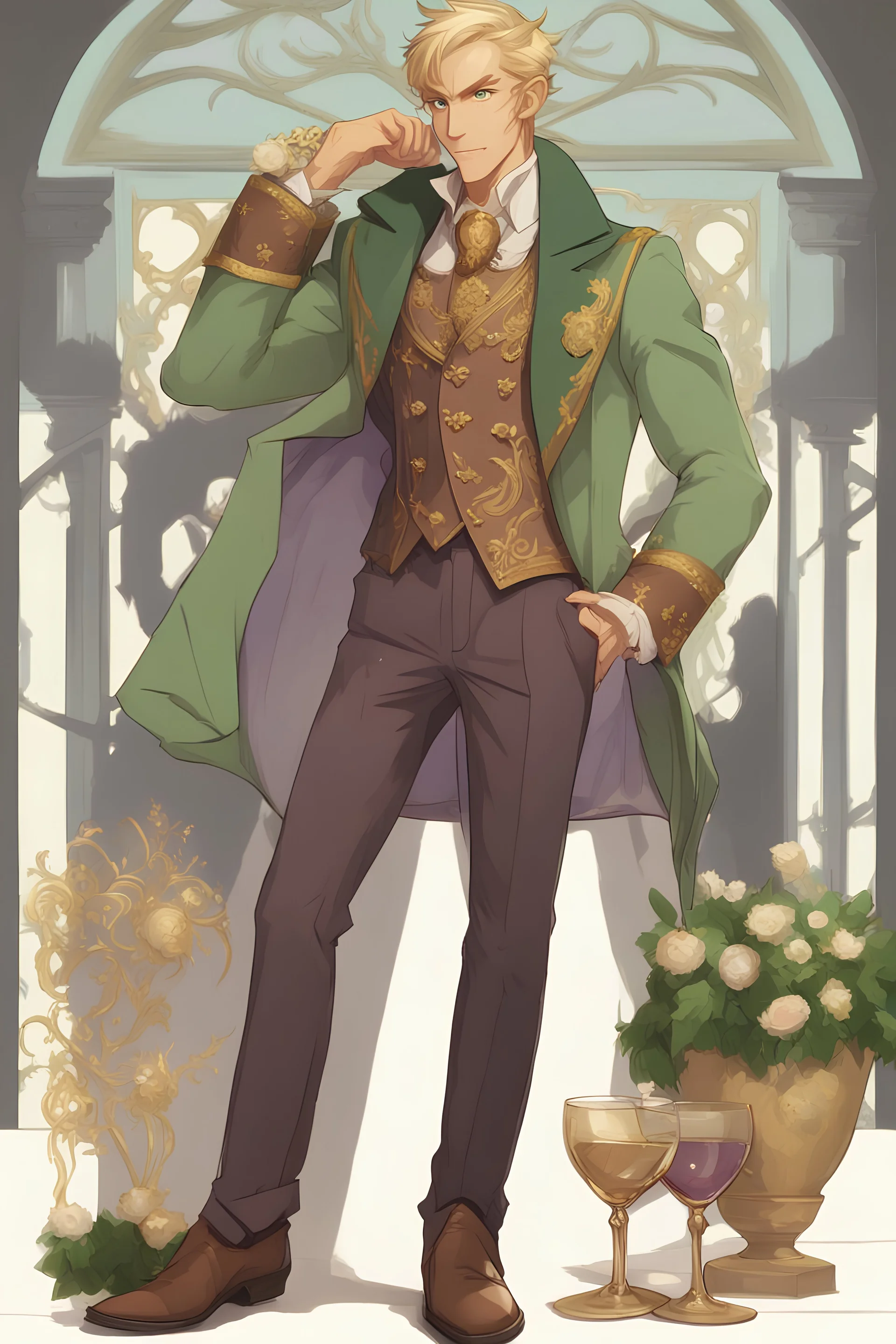 male, elf, brown skin, tanned, blonde hair, green eyes, large iris, slender, light blue aristocrat coat with golden motif, dark purple shirt, brown expensive pants, brown boots with golden decoration, holding wine in a glass, single character, high class party background, smirking