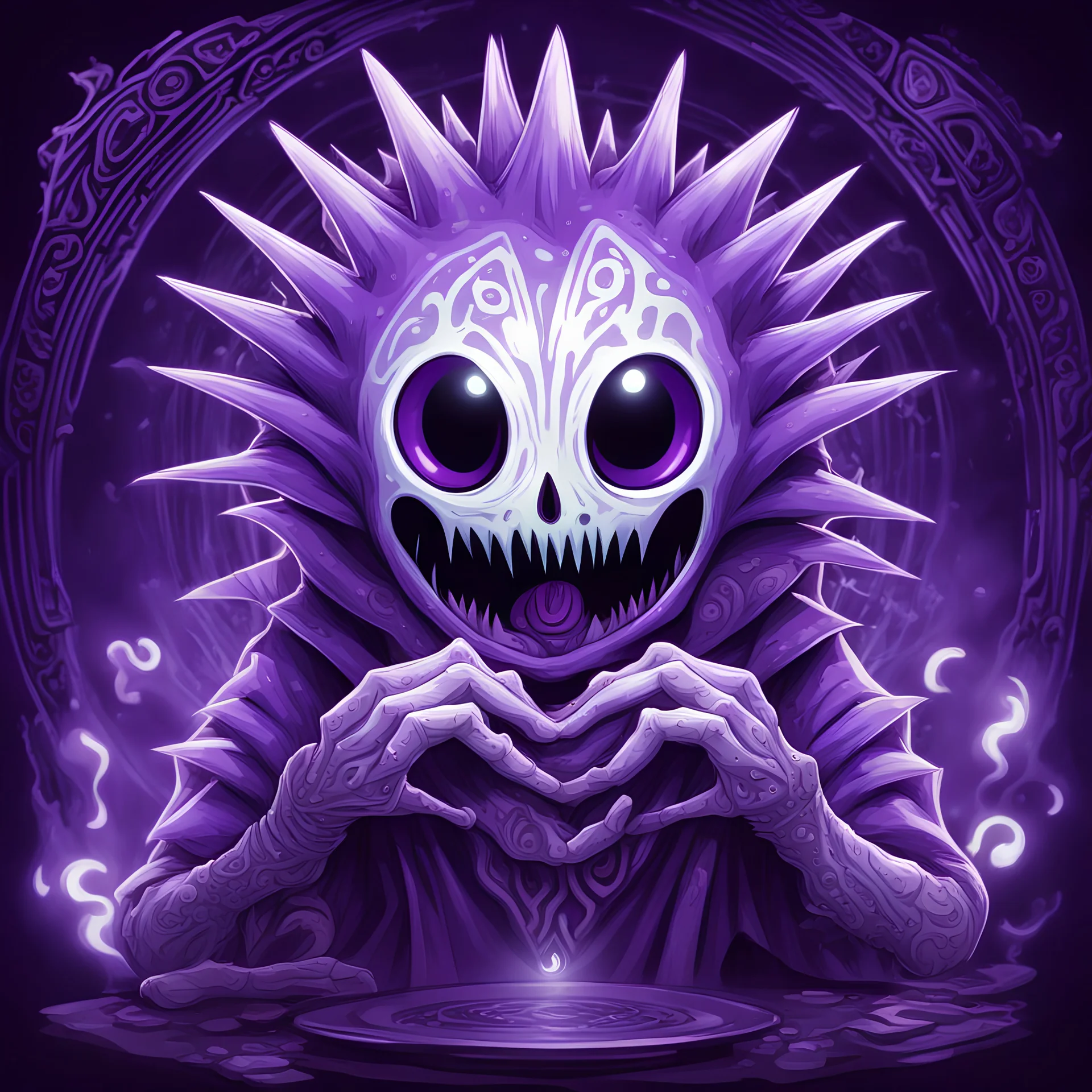 Purple spikey ghost with detatched clawed hands eyes glowing with hypnotic patterns and eating dreams, in card art style