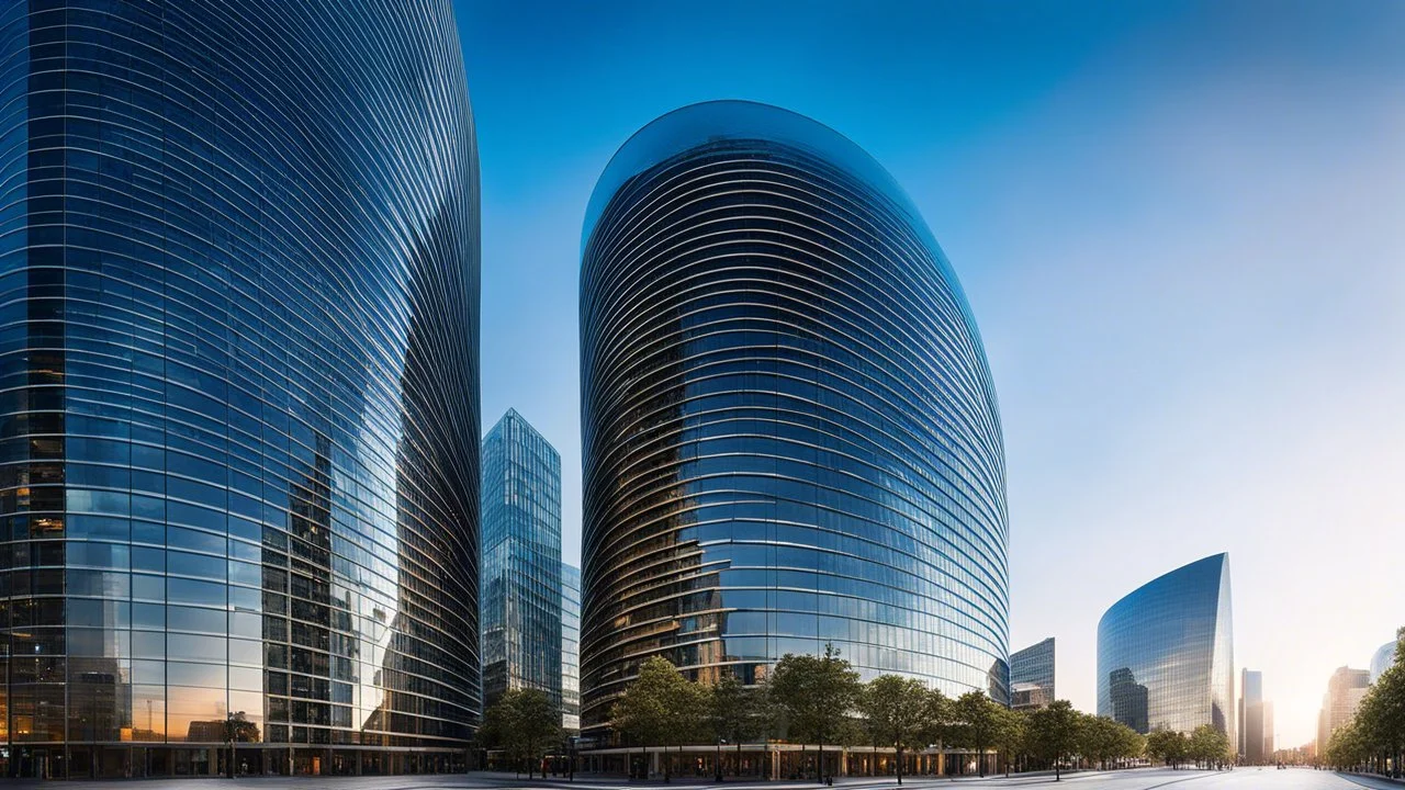 A sleek, cylindrical skyscraper featuring large, elliptical windows that curve along the building's surface. The reflective glass creates the illusion of movement as the windows stretch and warp around the tower, creating a dynamic, organic form. The building's smooth, uninterrupted curve contrasts with the angular city skyline. Award-winning photograph.