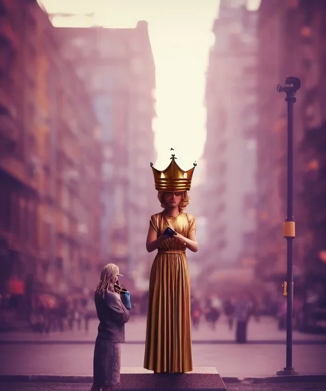 Statue of Queen of photography. Cute blonde woman. Photographer in golden crown. Standing on the street. Big camera in her hand. hyperdetailed, photorealistic, trending on artstation, greg rutkowski, beksinski, kodachrome, lomography, golden hour, bokeh, volumetric light