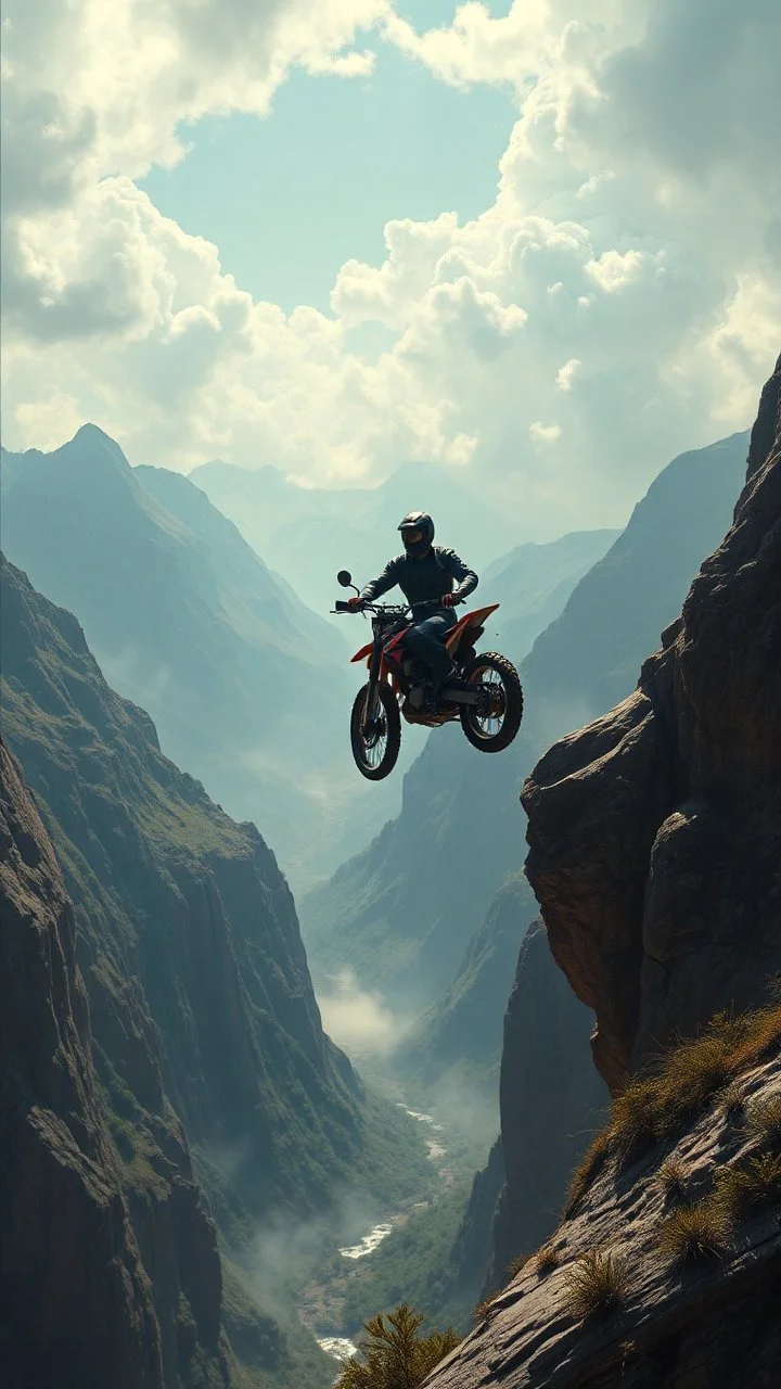 Bosch painting style nightmare in 3D , a man on motorcycle jumping between two mountains peeks background, high Quality picture , 8k
