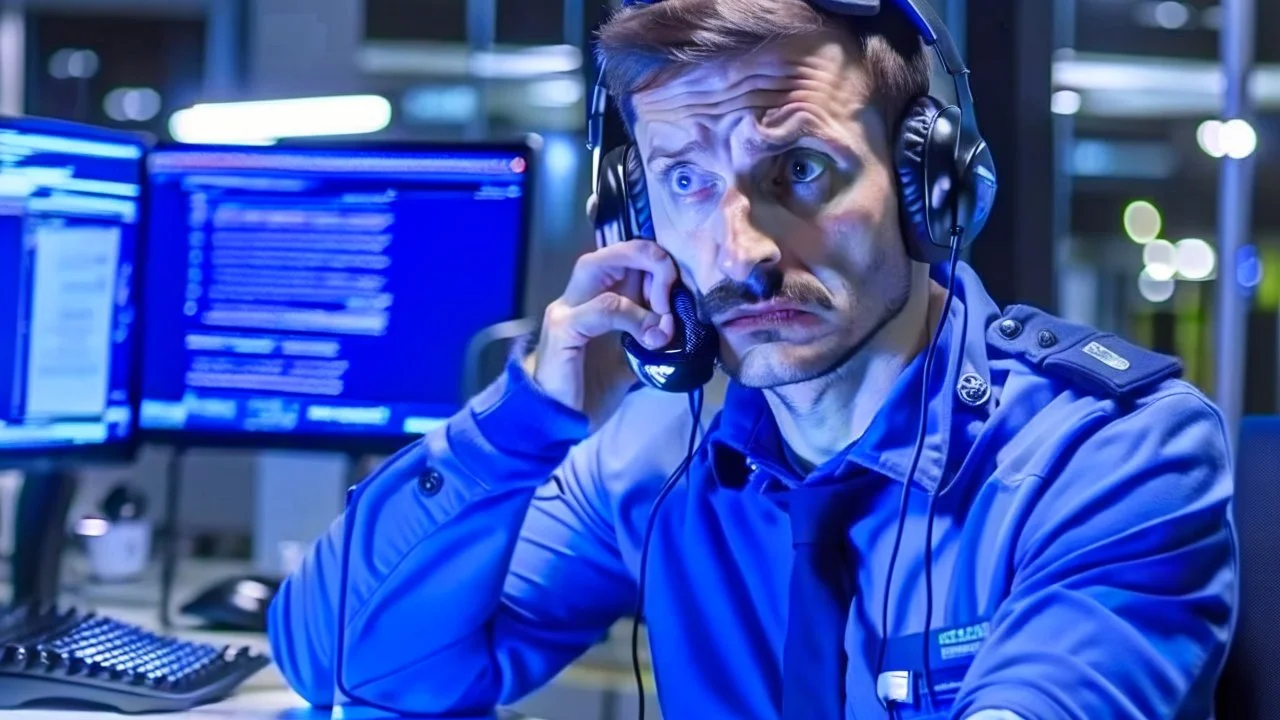 calm male cop dispatcher confused by evil hacker virus in the phone