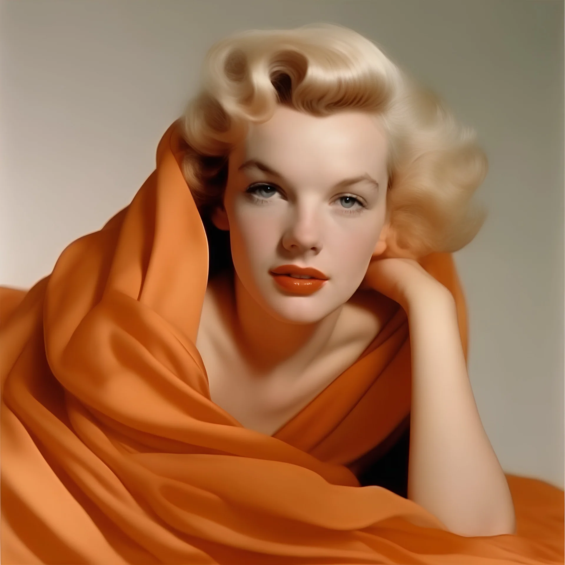 A photograph of marilyn monroe, with childish, with bed hair, no make up, in the style of milton greene, a pale orange silk scarf around her shoulders, white bacground
