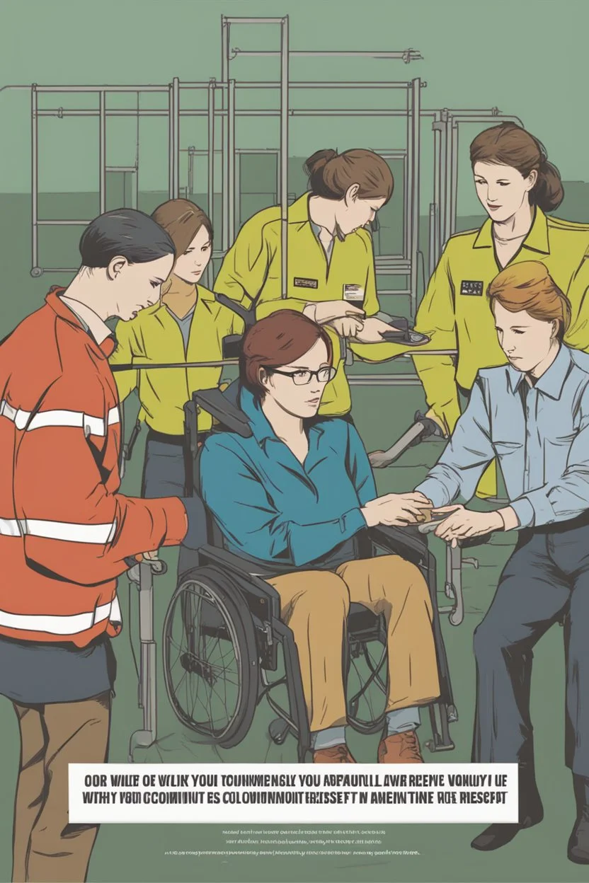 **Content Art:** A visually impaired person receives workplace safety training. **Appearance:** Design a series of posters specifically targeted towards women and disabled individuals. Emphasize community and collective responsibility, promote a culture of respect and safety. By utilizing these concepts and maintaining a consistent message, create a captivating and informative public awareness campaign that resonates with a wide audience.