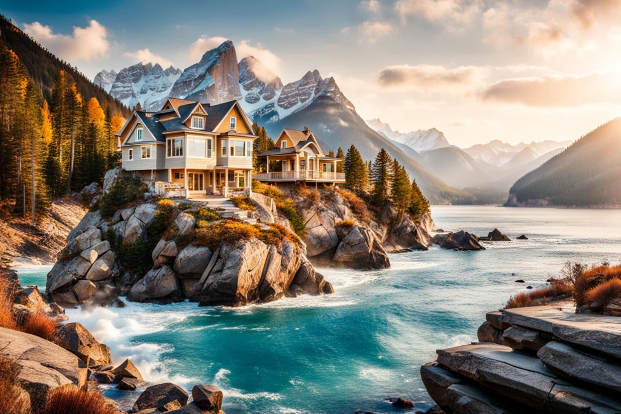 pretty dream houses in rocky mountain in wavy sea side,beautiful lady standing on rock