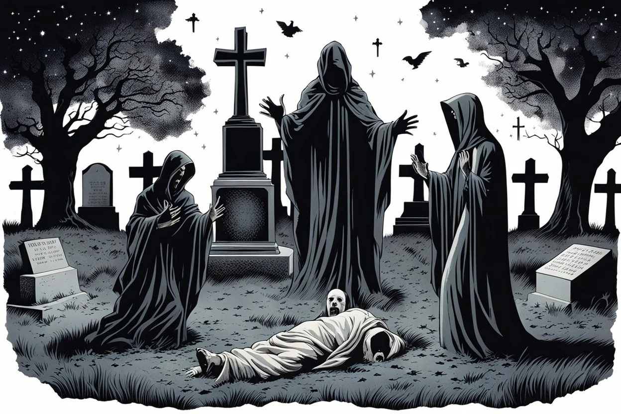 Eerie Encounter in midnight in cemetery, a ghost with a scared face, screaming, and two mourners with scared faces facing each other, night, stars, two spades on the ground, a pit, a pile of earth, in the background graves, crosses