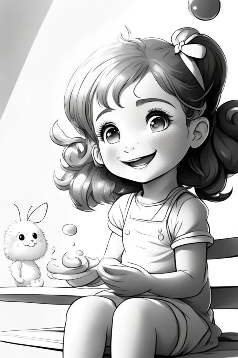 A round-faced little girl happily holding a bunch of colorful balloons. Circles can be used to depict the balloons, her eyes, and the sun in the background. very happy , Colloring page for todlliers ; basic hawali style cartoon , black and white , ink outlines , , smooth , anime style , minimalist , cute eyes , full body , white shose , sketchbook , realistic sketch , free lines , on paper , character sheet , clean line art high detailed