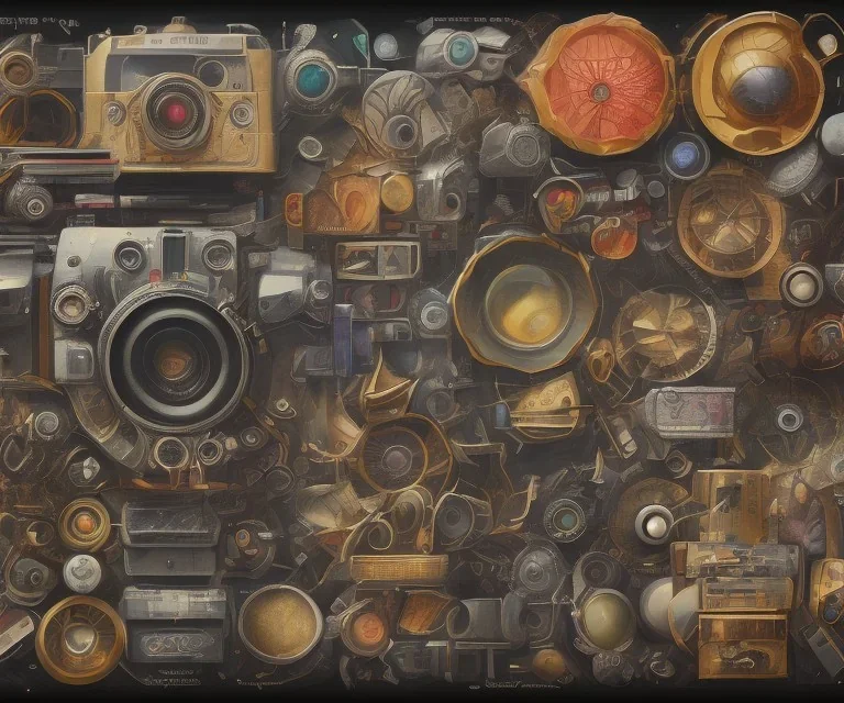 components of the camera laid out flat. poster design. high detailed. oil on canvas.