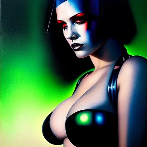 portrait oil on canvas, beautiful punk busty female Cyborg, looking to viewer, sad green eyes, post-apocalyptic in a cyberpunk city,minimal skintight suit, blade runner, comic book cover, mystical colors, neon, insanely detailed,realistic,intrincate detail, 16k resolution, masterpiece, Adam hughes