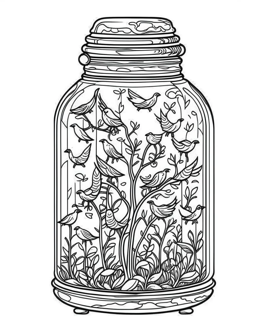 birds on tree life in jar minimalistic, line art, background, vector, svg, coloring book page style, black outline on white background