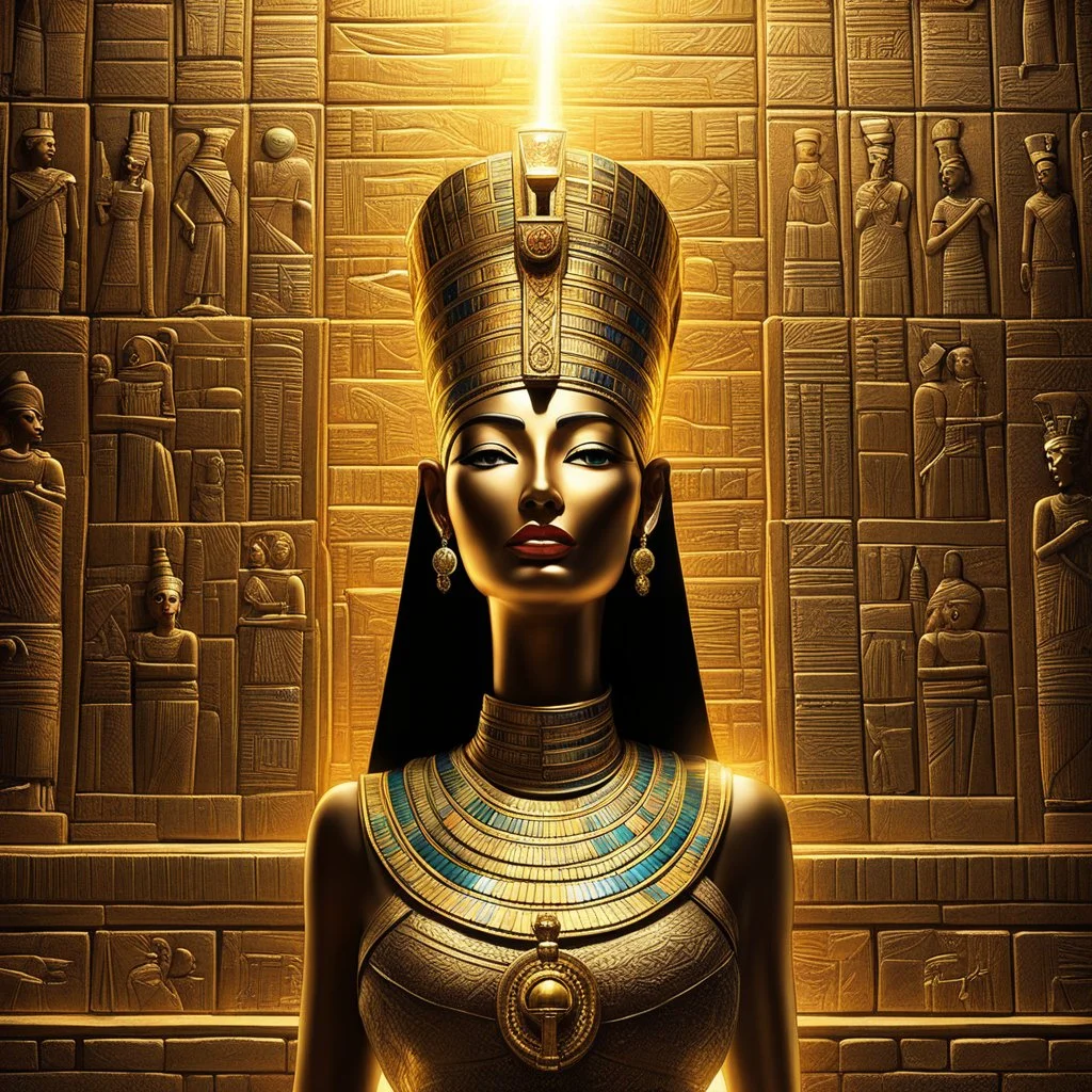 In the heart of a pyramid, the mummy of an Egyptian queen, Nefertiti, is ensnared within a gleaming bottle on the temple wall. Illuminated by a radiant ray of light, the bottle dazzles with intricate detail, reflecting the mummy-queen's bandages with exquisite precision.