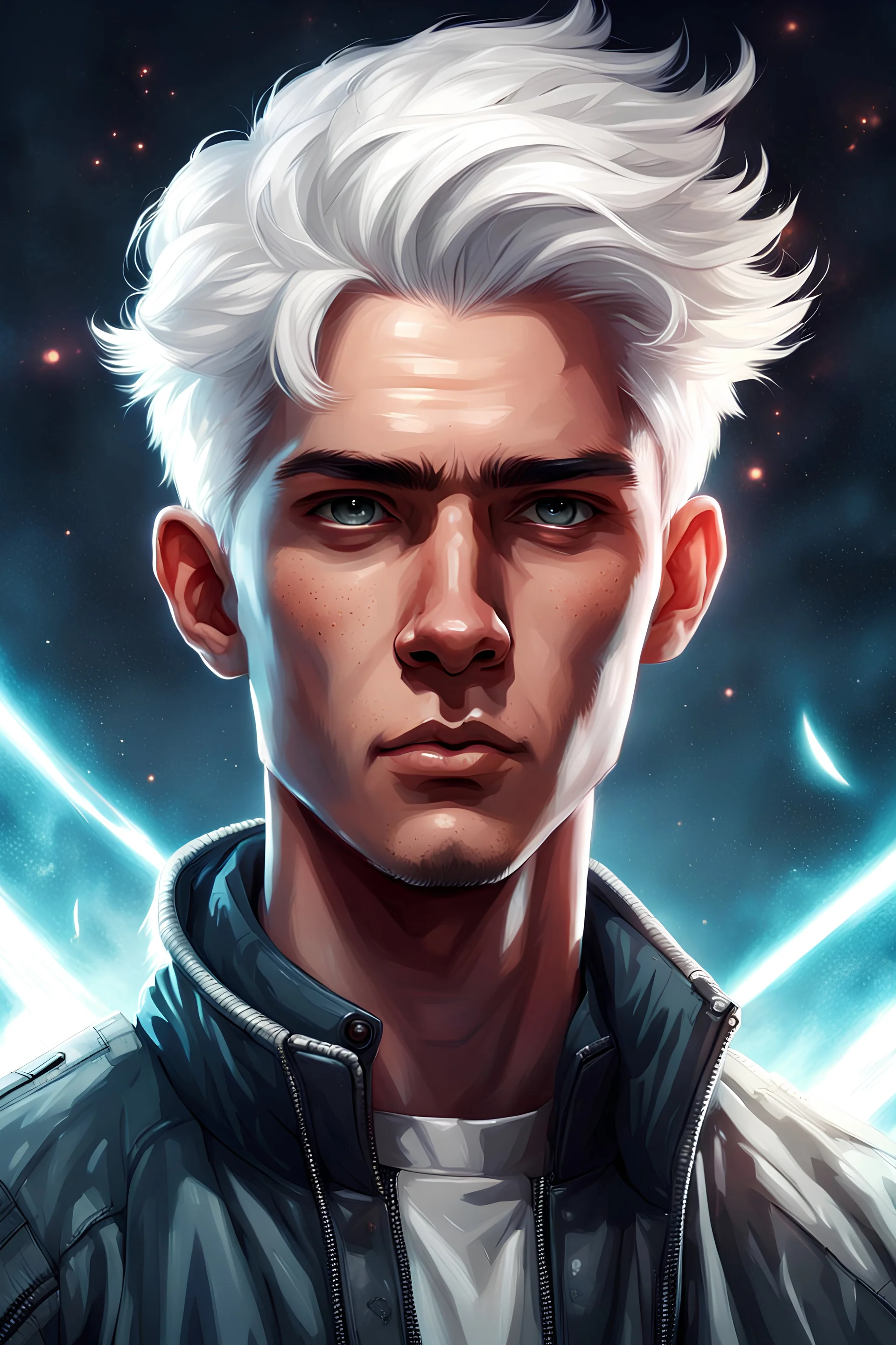 High Quality Science Fiction Character Portrait of a Young Man with White Hair in a Bomber Jacket.