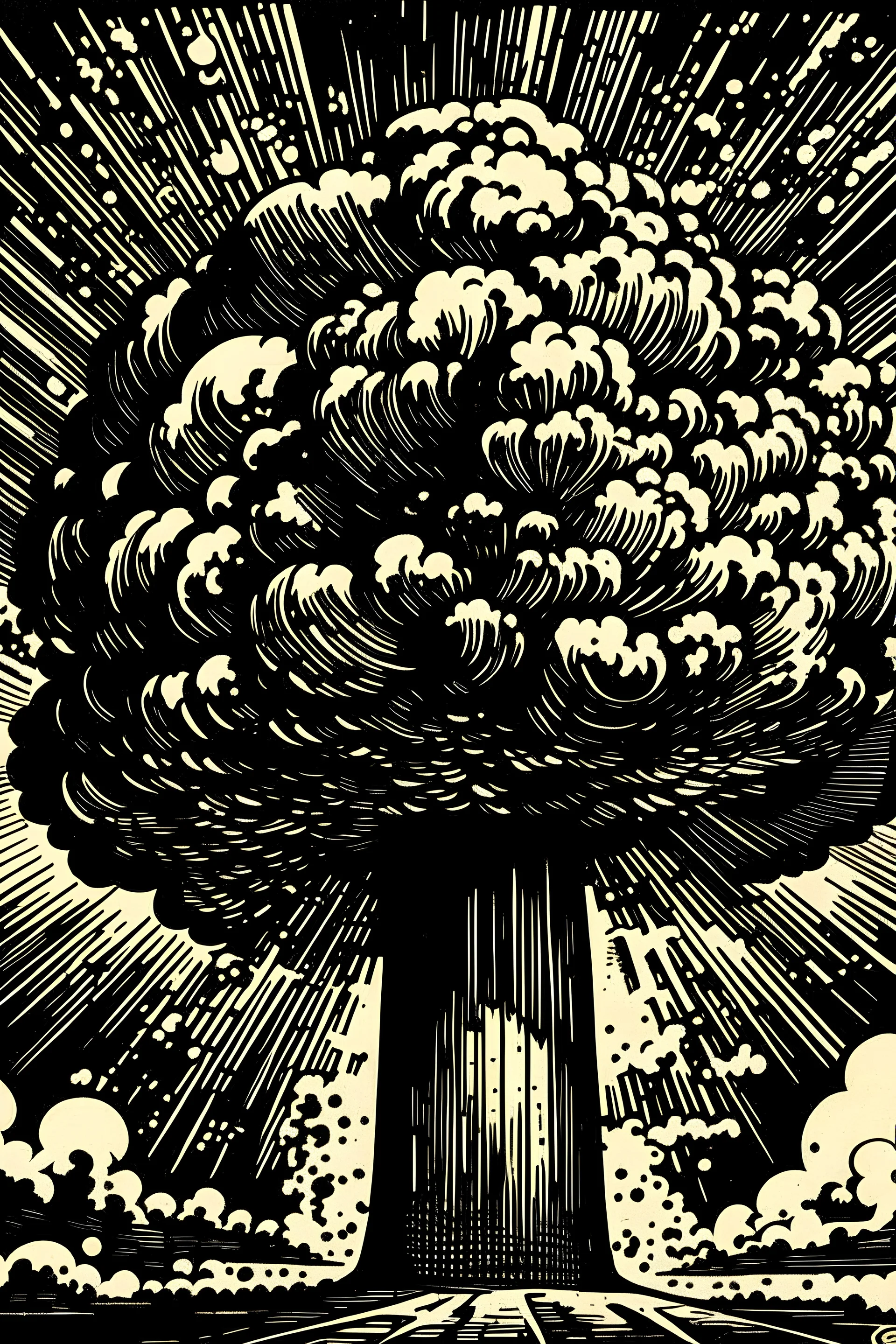 Mushroom cloud, after nuclear bombing woodcut