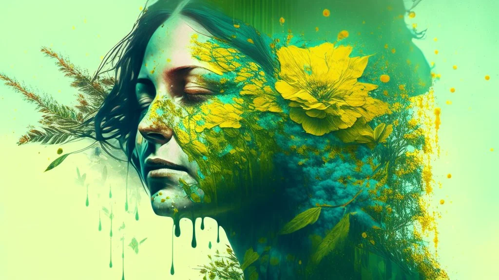 green background, 18th century, double exposure, portrait Woman 43 years old, wind, flowers, tears, plants, yellow, blue, green, orange colors, bright, drops, detailed, fine drawing, high detail, high resolution, 8K, tattoo, city, double exposure,