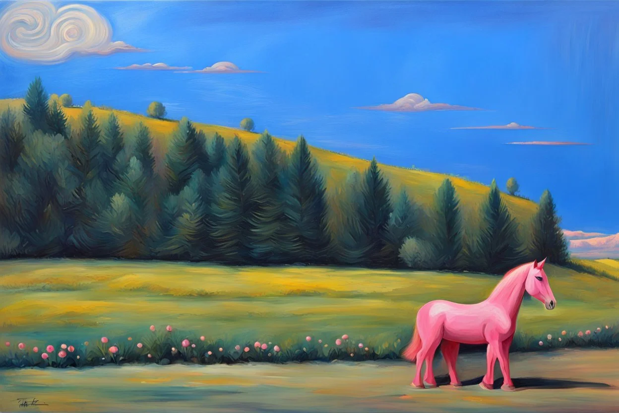 Big pink plastic toy horse.19th painting