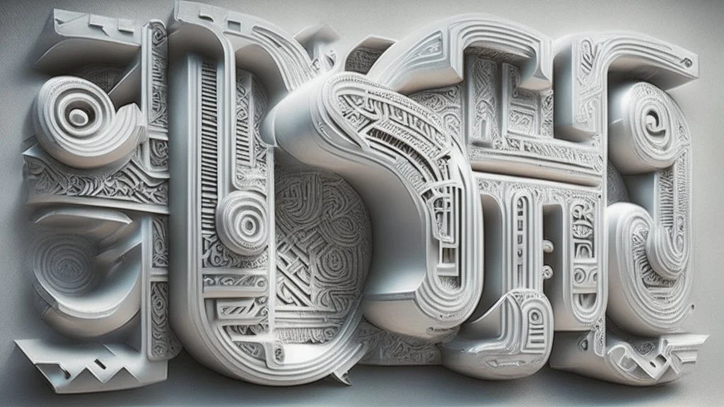 futuristic, realistic, techno, mayan lettering on milky white metal