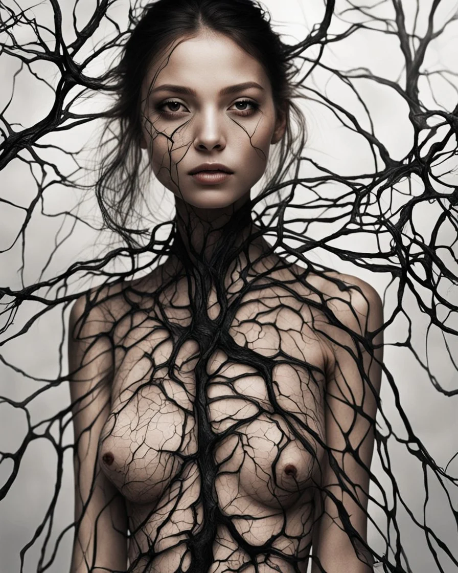 A girl .Her skin turned translucent, revealing a network of black veins that extended like roots beneath her epidermis.