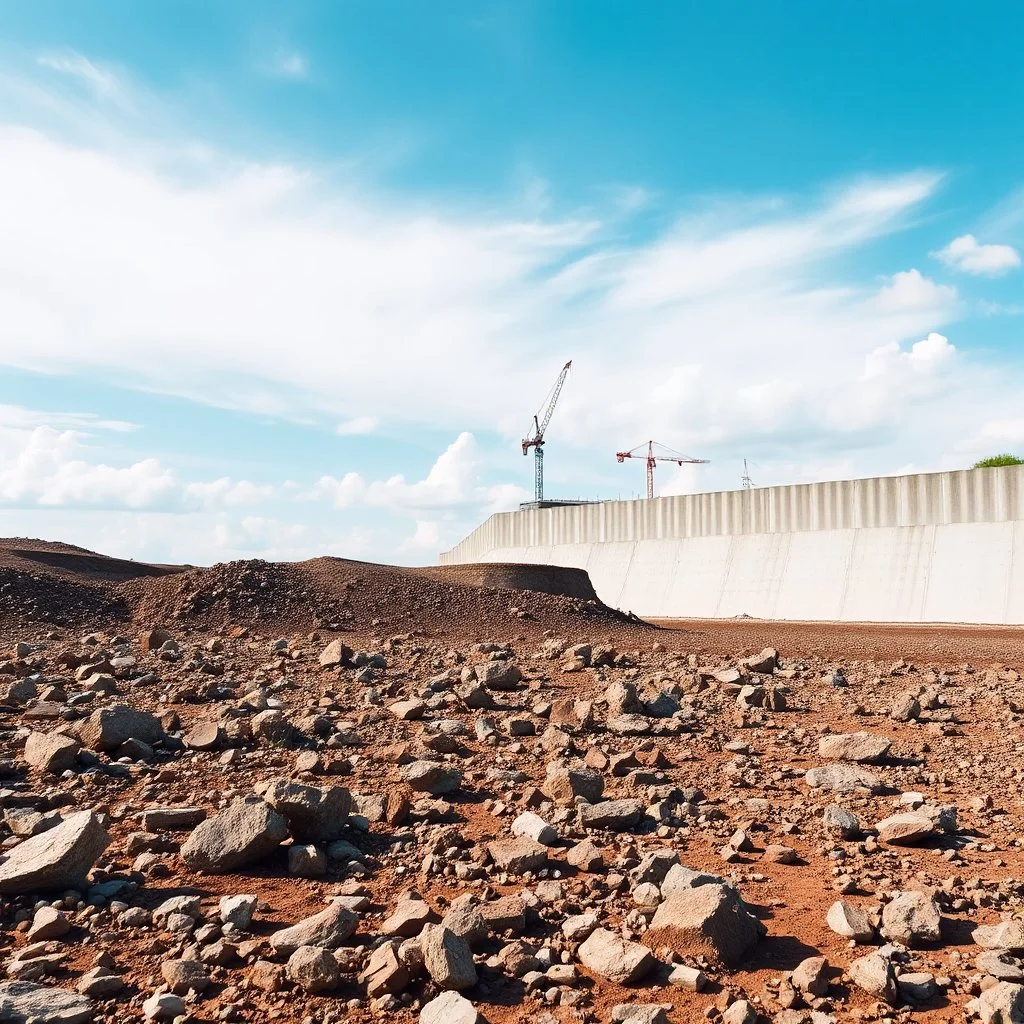 Fotografia di un paesaggio con un terreno roccioso o arido in primo piano e un cielo azzurro con nuvole bianche sullo sfondo e un grosso muro di cemento con cantiere. L'immagine è molto nitida.