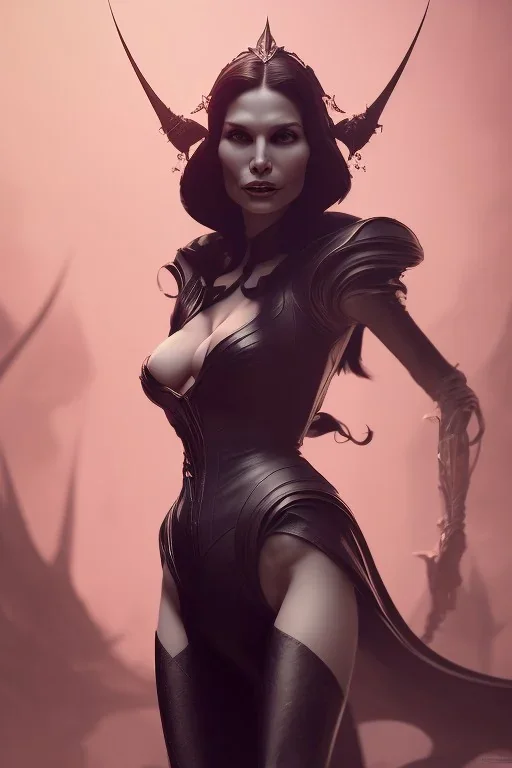 Famke Janssen as evil queen in black leather, cleavage, dominatrix, curvy, angry, stern look. character design by cory loftis, fenghua zhong, ryohei hase, ismail inceoglu and ruan jia. unreal engine 5, artistic lighting, highly detailed, photorealistic, fantasy