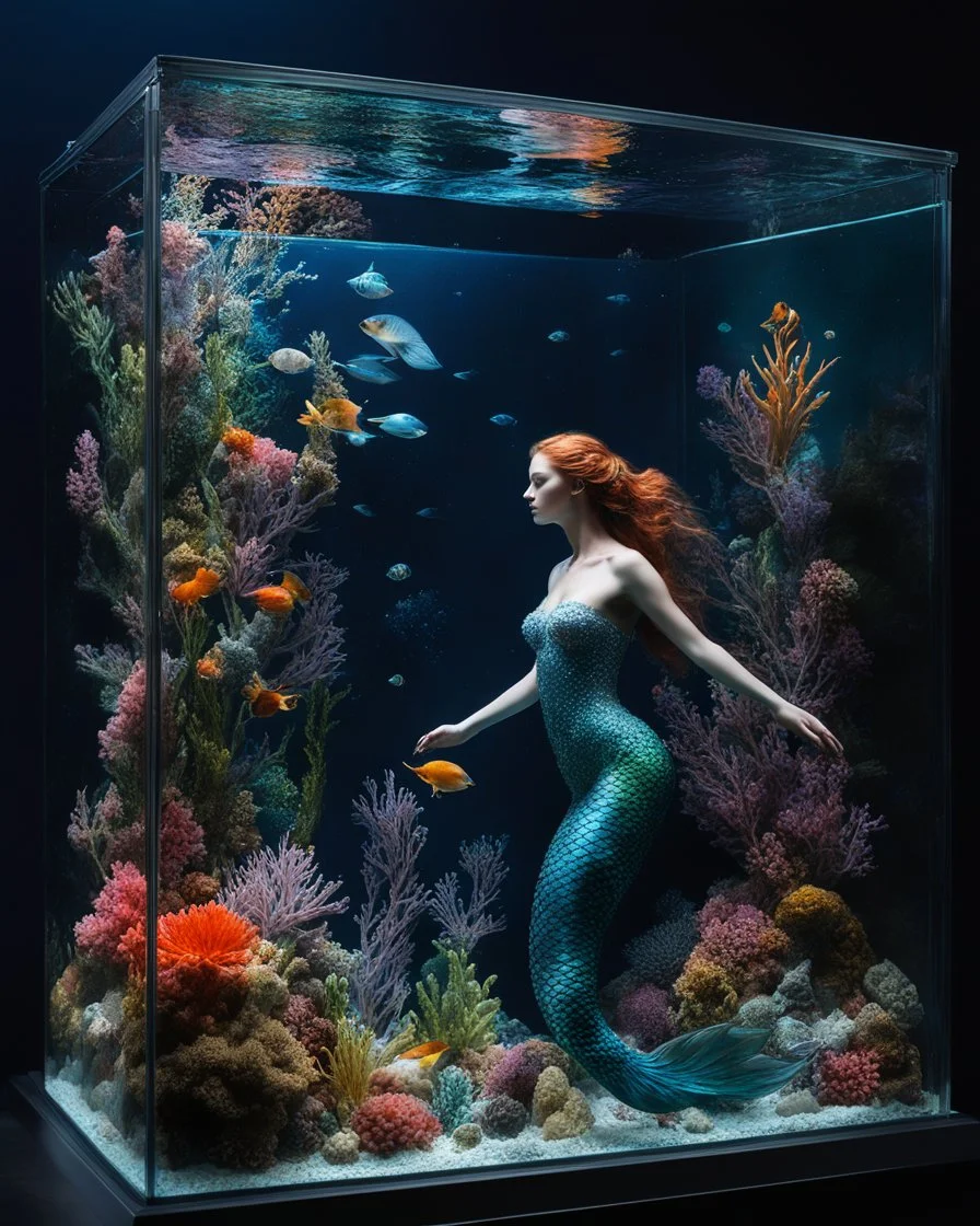 an beautiful mermaid swimming in glass box underwater aquarium on a display,glass flowers, high quality product image ,coral reef, flora and fauna, cosmic nebula, dark background christian dior style, with frozen flowers around her, stunning-design, beutifull, side profile artwork, glass paint, multicoloured, displayed, backlight