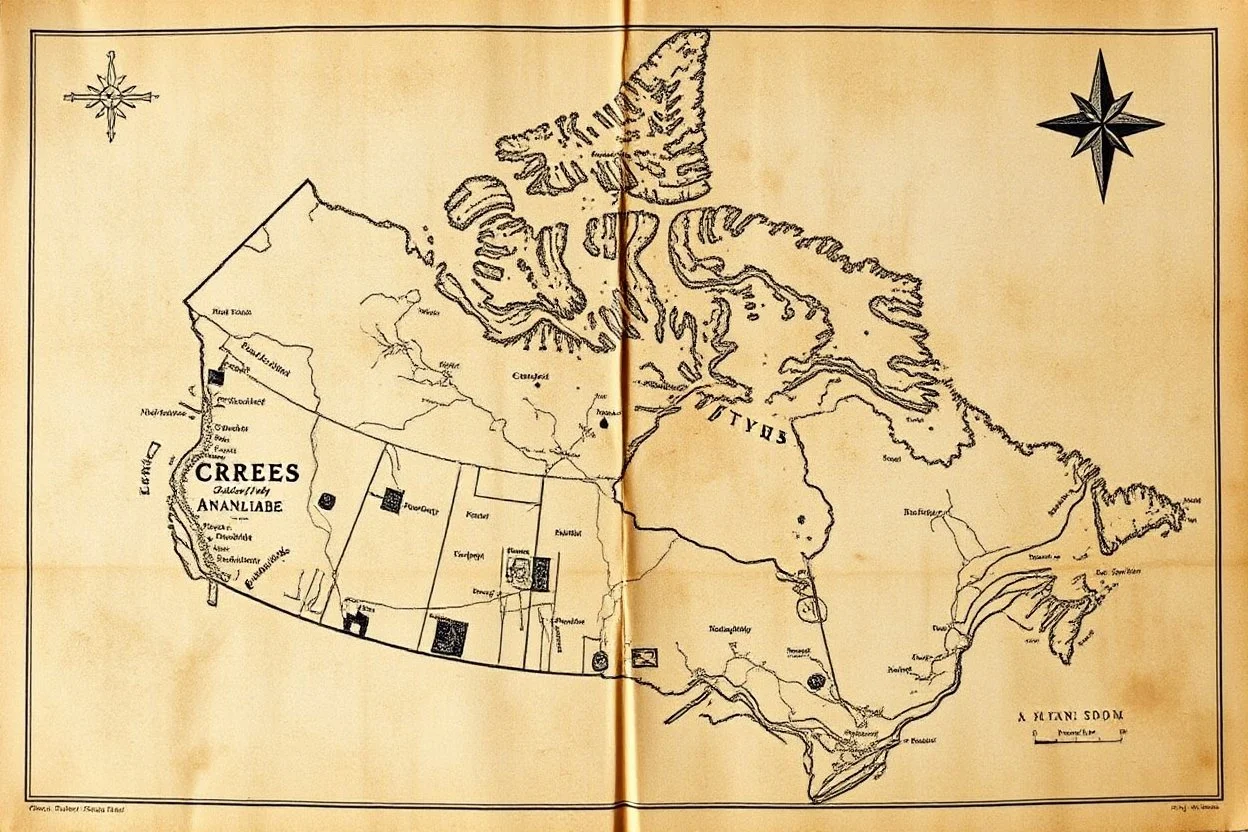 a scan of an ancient Cree Anishinaabe map, printed black and white but has since been stained and weathered