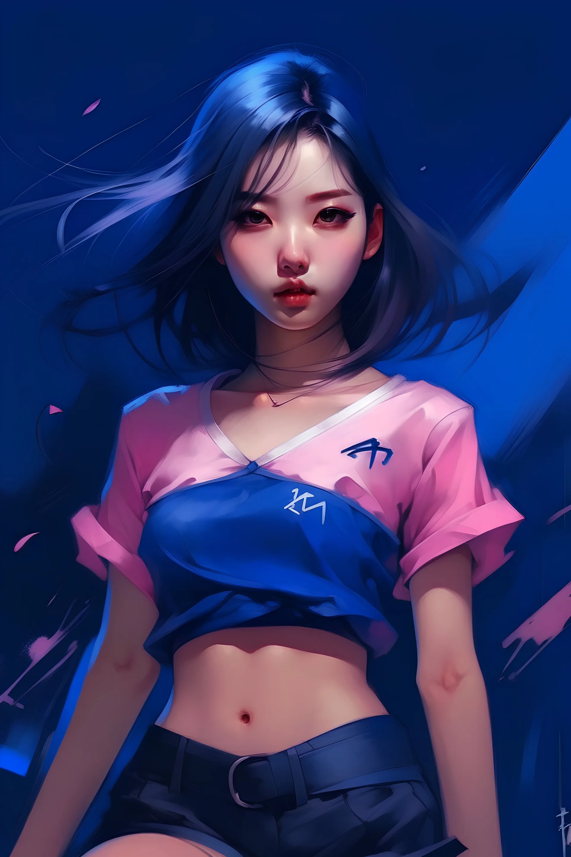 jeosung jin, a young woman wearing pink short skirt, in the style of animated gifs, wetcore, karol bak, dark white and dark blue, babycore, blink-and-you-miss-it detail, bold lettering --ar 35:64 --s 750 --v 5.2